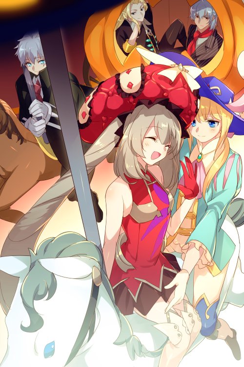 1girl 1other 3boys antonio_salieri_(fate) ascot bare_shoulders black_jacket black_suit blonde_hair blue_eyes blue_hat blue_shirt blush breasts brooch carousel charles-henri_sanson_(fate) chevalier_d'eon_(fate) closed_eyes dress echo_(circa) fate/grand_order fate_(series) gloves grey_hair hat jacket jewelry long_hair long_sleeves marie_antoinette_(fate) medium_breasts multiple_boys open_mouth pants ponytail red_dress red_eyes red_gloves red_hat red_scarf scarf shirt short_hair sidelocks sitting smile suit twintails very_long_hair white_gloves white_hair white_pants wolfgang_amadeus_mozart_(fate)