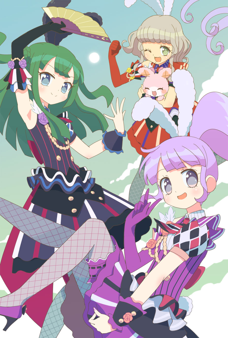3girls :d aiguillette animal animal_ears arm_up black_dress black_gloves blunt_bangs brown_hair clouds dress elbow_gloves fishnet_pantyhose fishnets folding_fan gloves green_hair green_sky grey_eyes hand_fan hand_up highres holding holding_animal holding_fan idol_clothes ku_(residual666) long_hair looking_at_viewer manaka_non midair mole mole_under_mouth multiple_girls one_eye_closed open_mouth pantyhose pretty_series pripara puffy_short_sleeves puffy_sleeves purple_dress purple_gloves purple_hair rabbit rabbit_ears red_dress red_gloves short_hair short_sleeves side_ponytail single_glove smile taiyo_pepper tsukikawa_chili two_side_up usacha very_long_hair wrist_cuffs