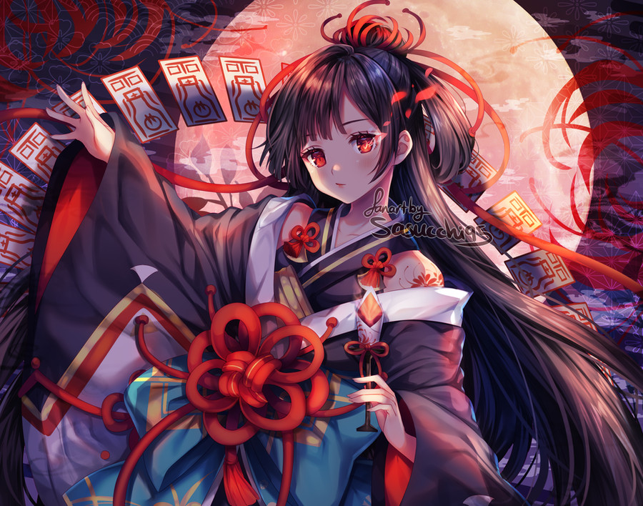 1girl aqua_bow bare_shoulders black_hair black_kimono blunt_bangs blush bow card closed_mouth collarbone flower full_moon glowing glowing_eye higanbana_(onmyoji) holding japanese_clothes kimono light long_hair long_sleeves looking_at_viewer moon onmyoji outstretched_arm red_eyes sasucchi95 shoulder_tattoo sleeveless sleeveless_kimono solo spider_lily tattoo upper_body very_long_hair wide_sleeves
