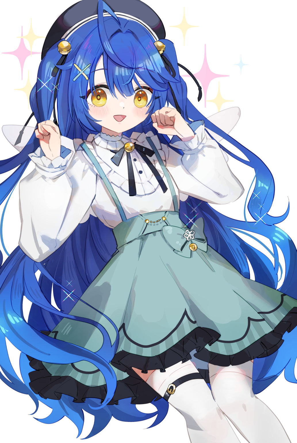 1girl :d ahoge amamiya_kokoro bell beret black_hat black_ribbon blue_hair blue_skirt blush clenched_hands commentary_request feet_out_of_frame frilled_skirt frills hair_bell hair_intakes hair_ornament hair_ribbon hairclip hands_up hat highres jingle_bell long_hair long_sleeves looking_at_viewer nijisanji puffy_long_sleeves puffy_sleeves ribbon shadowsinking shirt simple_background skirt smile solo sparkle_background suspender_skirt suspenders thigh-highs two_side_up very_long_hair virtual_youtuber white_background white_shirt white_thighhighs x_hair_ornament yellow_eyes