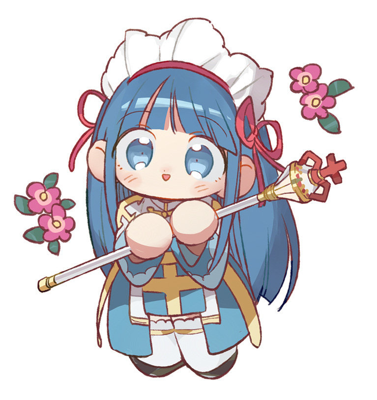 1girl arch_bishop_(ragnarok_online) arutopian blue_dress blue_eyes blue_hair blunt_bangs blush chibi commentary_request crosier cross dress flower full_body hair_ribbon headdress hime_cut holding holding_staff long_hair looking_at_viewer medium_bangs open_mouth pelvic_curtain pink_flower ragnarok_online red_ribbon ribbon sash sidelocks simple_background smile solo staff standing thigh-highs two-tone_dress very_long_hair white_background white_dress white_thighhighs yellow_sash