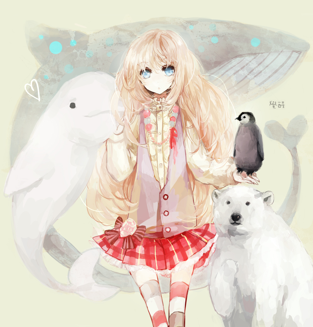 1girl :o animal bear bird blonde_hair blue_eyes bow_skirt commentary_request dolphin fish frilled_shirt_collar frills heart juexing_(moemoe3345) long_hair long_sleeves looking_at_viewer original penguin pink_vest plaid plaid_skirt polar_bear red_skirt seal_(animal) shirt skirt solo standing striped_clothes striped_thighhighs thigh-highs vest whale yellow_background yellow_shirt zettai_ryouiki