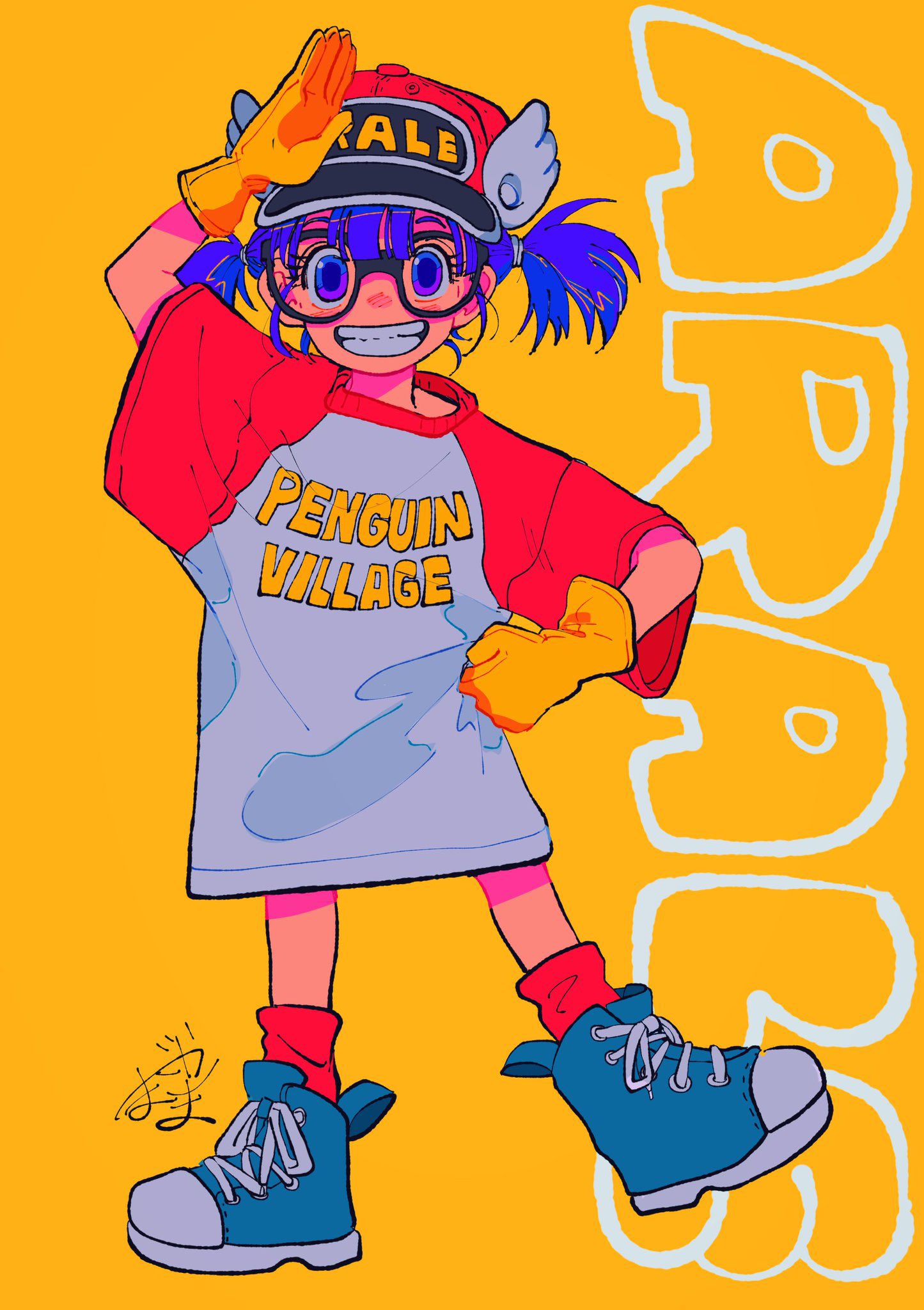 1girl baseball_cap blue_eyes blue_hair character_name child clothes_writing commentary_request dr._slump glasses gloves hat highres looking_at_viewer mago_oowarawa norimaki_arale oversized_clothes oversized_shirt salute shirt shoes short_hair short_sleeves short_twintails signature simple_background smile sneakers socks solo teeth twintails winged_hat