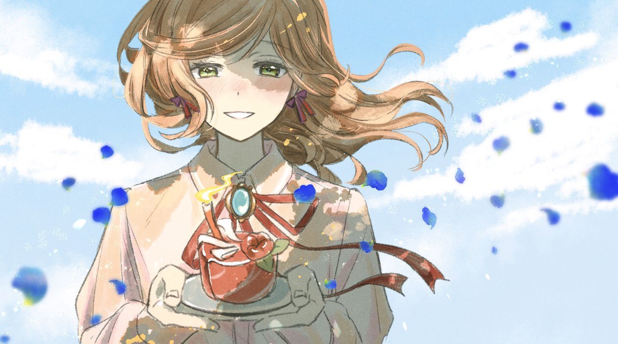 1girl blue_sky blush brooch brown_hair candle clouds collared_shirt commentary_request day dress_shirt fire floating_hair food green_eyes holding jewelry long_hair looking_at_viewer menu_(shuzinnkoutyan_) neck_ribbon nose_blush outdoors petals red_ribbon ribbon rosa_(tears_of_themis) shirt sky smile solo tears_of_themis upper_body white_shirt