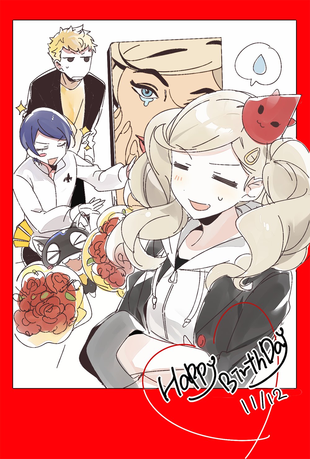 &gt;_&lt; 1girl 2boys agata120 black_jacket blonde_hair bouquet cat closed_eyes crossed_arms dated fang flower hair_ornament hairclip happy_birthday hat highres hood hood_down jacket kitagawa_yuusuke long_sleeves morgana_(persona_5) multiple_boys open_clothes open_jacket open_mouth painting_(object) party_hat persona persona_5 red_flower sakamoto_ryuuji shirt single_blush_sticker sweat takamaki_anne twintails white_shirt yellow_shirt