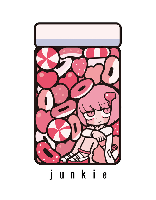 1girl anklet blush_stickers candy closed_mouth coat commentary_request copyright_request dripping english_text eyelashes food frown full_body hair_ornament hairclip heart heart-shaped_food heart_hair_ornament in_jar jewelry knees_up lab_coat lollipop long_sleeves midriff miniskirt original pink_eyes pink_hair pink_shirt pink_skirt pink_theme shirt shoes short_hair simple_background sitting skirt sneakers solo terada_tera white_background white_coat white_footwear
