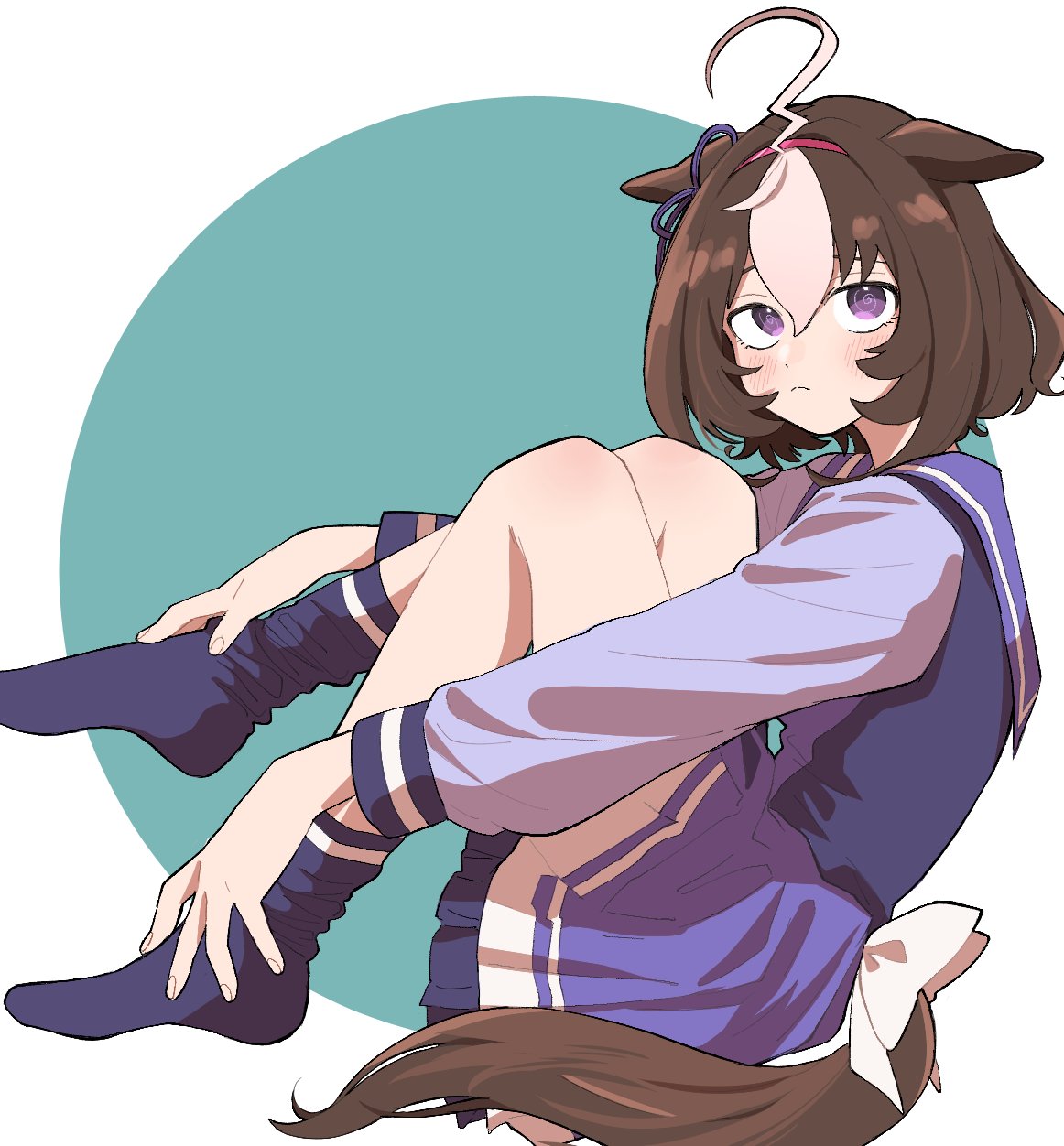 1girl 39kyukochan @_@ ahoge animal_ears blush brown_hair closed_mouth ears_down frown full_body hair_between_eyes hairband highres horse_ears horse_girl horse_tail knees_up long_sleeves looking_at_viewer looking_to_the_side meisho_doto_(umamusume) multicolored_hair no_shoes purple_shirt purple_skirt purple_thighhighs sailor_collar school_uniform shirt short_hair sitting skirt solo tail tail_through_clothes thigh-highs tracen_school_uniform two-tone_hair umamusume violet_eyes