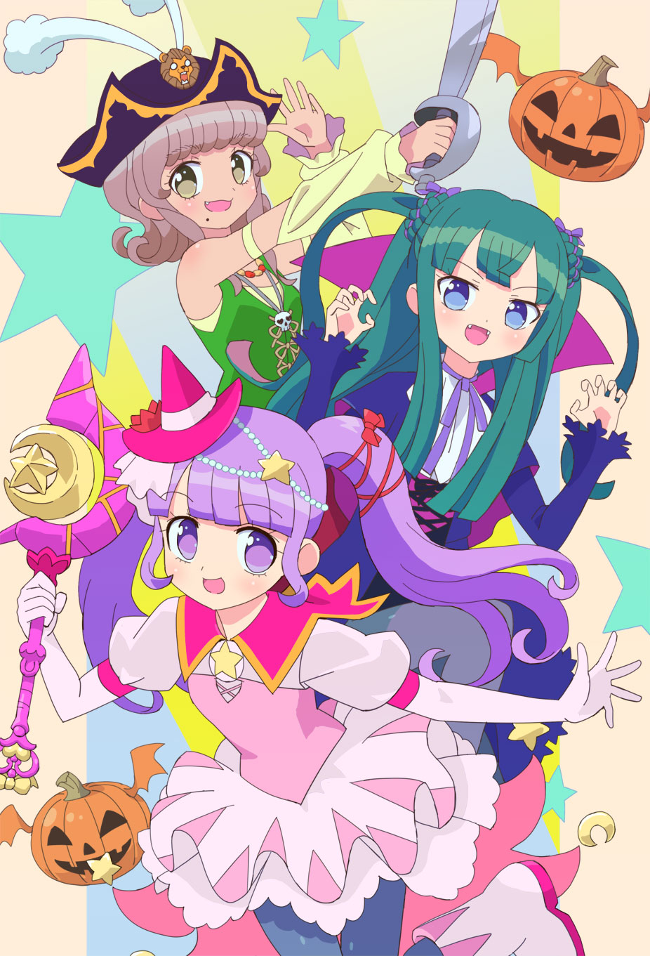 3girls :d blue_eyes blue_jacket blunt_bangs brown_hair claw_pose commentary_request crescent detached_sleeves dress fang green_hair green_shirt halloween_costume hands_up hat highres holding holding_sword holding_wand holding_weapon idol_clothes idol_time_pripara jack-o'-lantern jacket jewelry ku_(residual666) long_hair long_sleeves looking_at_viewer manaka_non mini_hat mini_witch_hat mole mole_under_mouth multiple_girls neck_ribbon necklace open_mouth pink_dress pink_footwear pink_headwear pirate_costume pirate_hat pretty_series pripara pumpkin purple_hair ribbon shirt short_hair short_shorts shorts skull smile standing star_(symbol) sword taiyo_pepper tsukikawa_chili twintails two_side_up vampire_costume violet_eyes wand weapon white_shirt witch witch_hat