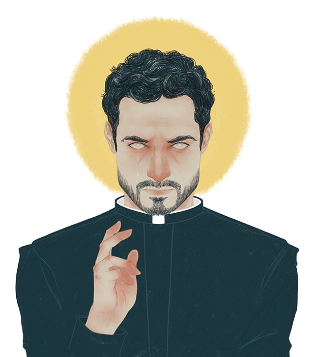 1boy beard black_hair bright_pupils cassock clerical_collar expressionless facial_hair full_beard halo male_focus mature_male priest short_hair simple_background single_tear solo straight-on the_exorcist tomas_ortega upper_body wavy_hair weardes white_pupils