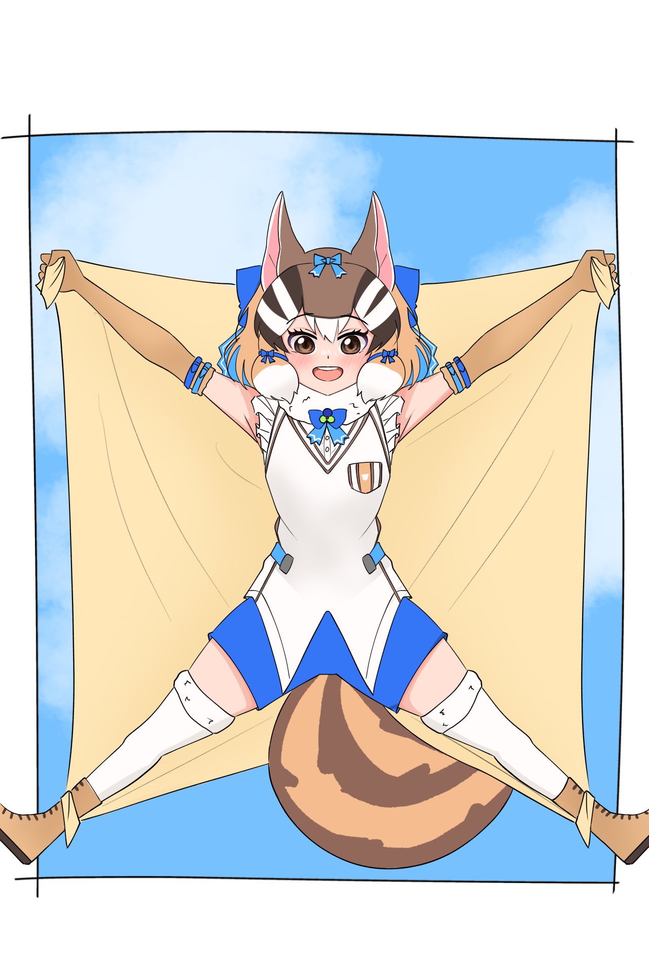 1girl animal_ears blanket blue_sky boots brown_eyes brown_hair chipmunk_ears chipmunk_girl chipmunk_tail elbow_gloves extra_ears gloves highres kemono_friends kemono_friends_v_project looking_at_viewer microphone ribbon shirt short_hair shorts siberian_chipmunk_(kemono_friends) sky sleeveless sleeveless_shirt solo tail tengt_e thigh-highs vest virtual_youtuber