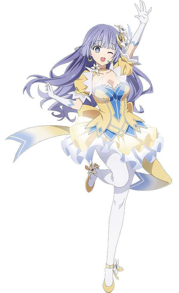 1girl arm_up breasts date_a_live dress elbow_gloves frilled_dress frills full_body gloves hair_ornament high_heels izayoi_miku large_breasts multicolored_clothes multicolored_dress official_art open_mouth purple_hair smile solo transparent_background violet_eyes winking_(animated) yellow_dress yellow_footwear