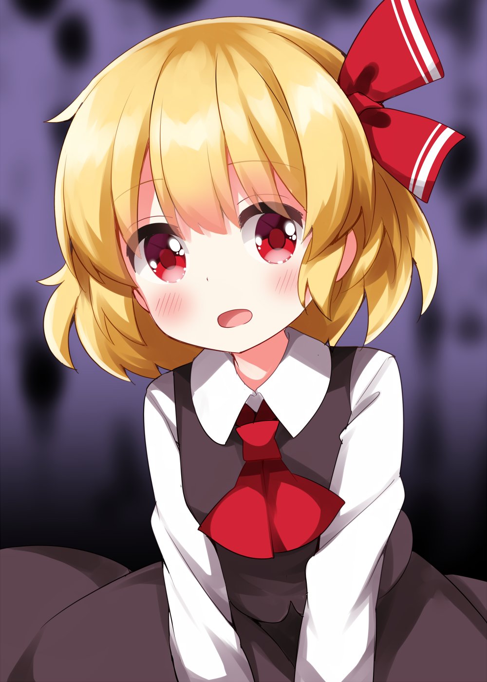 1girl ascot black_skirt black_vest blonde_hair blush collared_shirt commentary_request hair_ribbon highres long_sleeves open_mouth red_ascot red_eyes red_ribbon redhead ribbon rumia ruu_(tksymkw) shirt short_hair skirt solo touhou vest white_shirt