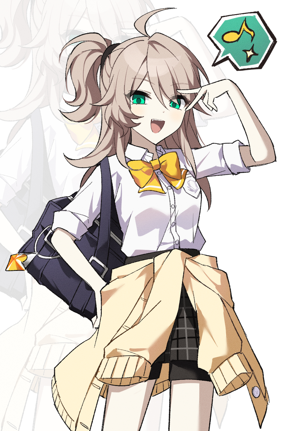 1girl ahoge alternate_costume bag black_bag bow bowtie clothes_around_waist elsword green_eyes grey_hair hand_on_own_hip hashtag_only_commentary highres jacket jacket_around_waist lithia_beryl_(elsword) long_hair look_128 looking_at_viewer school_bag school_uniform shirt side_ponytail sleeves_rolled_up smile solo v white_shirt yellow_bow yellow_bowtie yellow_jacket