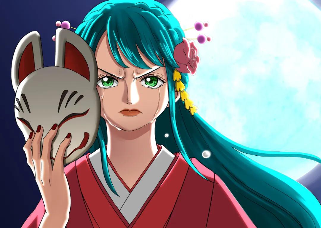aqua_hair artist_request closed_mouth crying crying_with_eyes_open flower fox_mask full_moon green_eyes hair_flower hair_ornament hair_stick holding holding_mask japanese_clothes kimono kouzuki_hiyori lips lipstick long_hair looking_at_viewer makeup mask moon nail_polish one_piece pink_flower solo tears third-party_source