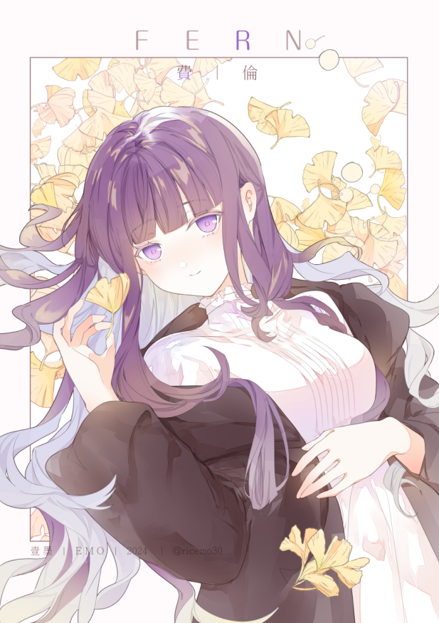1girl black_robe blunt_bangs blunt_ends breasts character_name closed_mouth collar dress emo_(ricemo) fern_(sousou_no_frieren) frilled_collar frills ginkgo_tree hand_on_own_chest holding holding_leaf leaf long_hair long_sleeves looking_at_viewer lying on_back purple_hair robe sidelocks smile solo sousou_no_frieren twitter_username upper_body violet_eyes