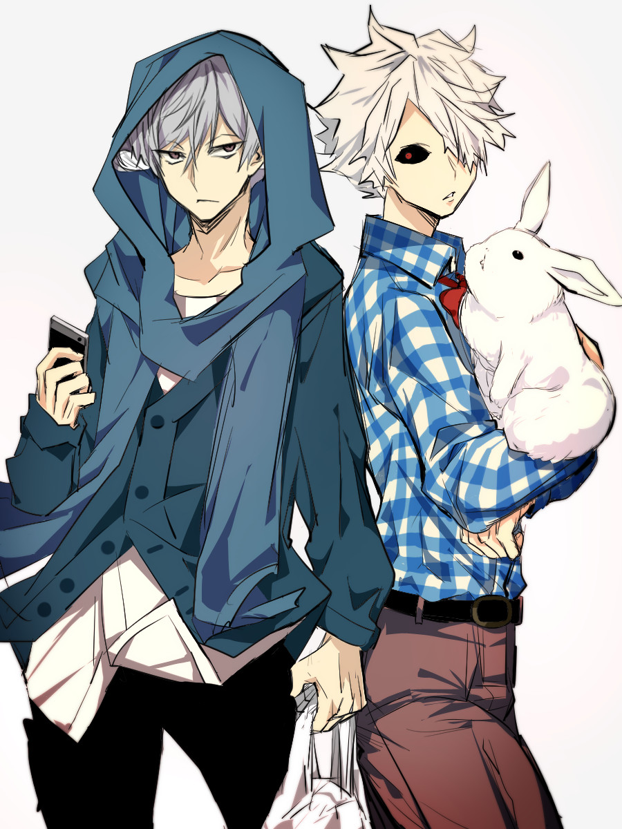 2boys bag black_sclera blue_scarf brown_eyes closed_mouth collarbone collared_shirt colored_sclera constricted_pupils facing_viewer flannel grey_hair hair_over_one_eye highres holding holding_phone hood hood_up juuni_taisen looking_at_another male_focus multiple_boys nakuru_796 partially_unbuttoned phone rabbit red_eyes scarf shirt shopping_bag short_hair spiky_hair standing sumino_tsugiyoshi upper_body usagi_(juuni_taisen) white_background white_rabbit_(animal)