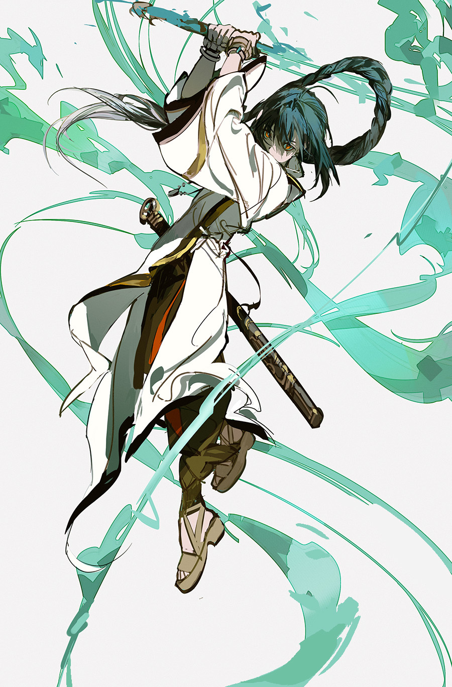 1boy ahoge black_pants blue_hair brown_footwear chinese_commentary commentary_request covered_mouth energy_sword fate/samurai_remnant fate_(series) full_body high_heels highres holding holding_sword holding_weapon huangdanlan japanese_clothes long_hair long_sleeves looking_at_viewer magic orange_eyes pants robe rope sandals sheath shimenawa simple_background solo sword toes weapon white_background white_robe white_sleeves wide_sleeves yamato_takeru_(fate)