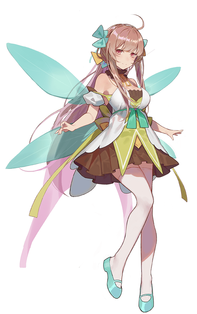1girl ahoge aqua_ribbon ark_order bare_shoulders blue_footwear blue_ribbon blush bow breasts brown_dress brown_hair closed_mouth detached_sleeves dress fairy_(ark_order) fairy_wings flower full_body green_bow green_dress hair_ornament hairband large_breasts leg_ribbon long_hair looking_at_viewer low_ponytail multicolored_clothes multicolored_dress official_art plant puffy_short_sleeves puffy_sleeves purple_hairband purple_ribbon red_cucumber red_eyes ribbon rose shoes short_sleeves sidelocks smile solo tachi-e thigh-highs transparent_background variant_set very_long_hair white_dress white_thighhighs wings yellow_ribbon