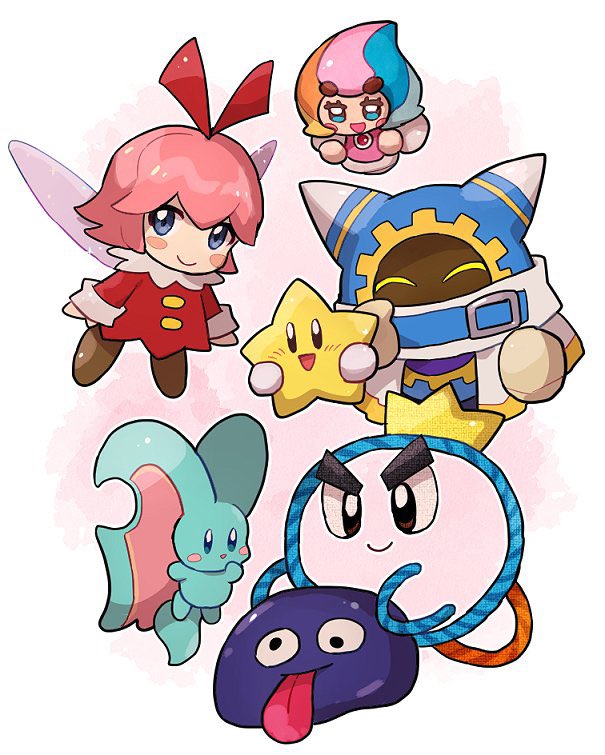 2girls 4boys :d ^_^ blue_eyes character_request chiimako closed_eyes closed_mouth elfilin elline_(kirby) gooey_(kirby) kirby_(series) kirby_64 kirby_and_the_forgotten_land magolor open_mouth pink_hair prince_fluff ribbon_(kirby) smile star_(symbol) tail tongue tongue_out