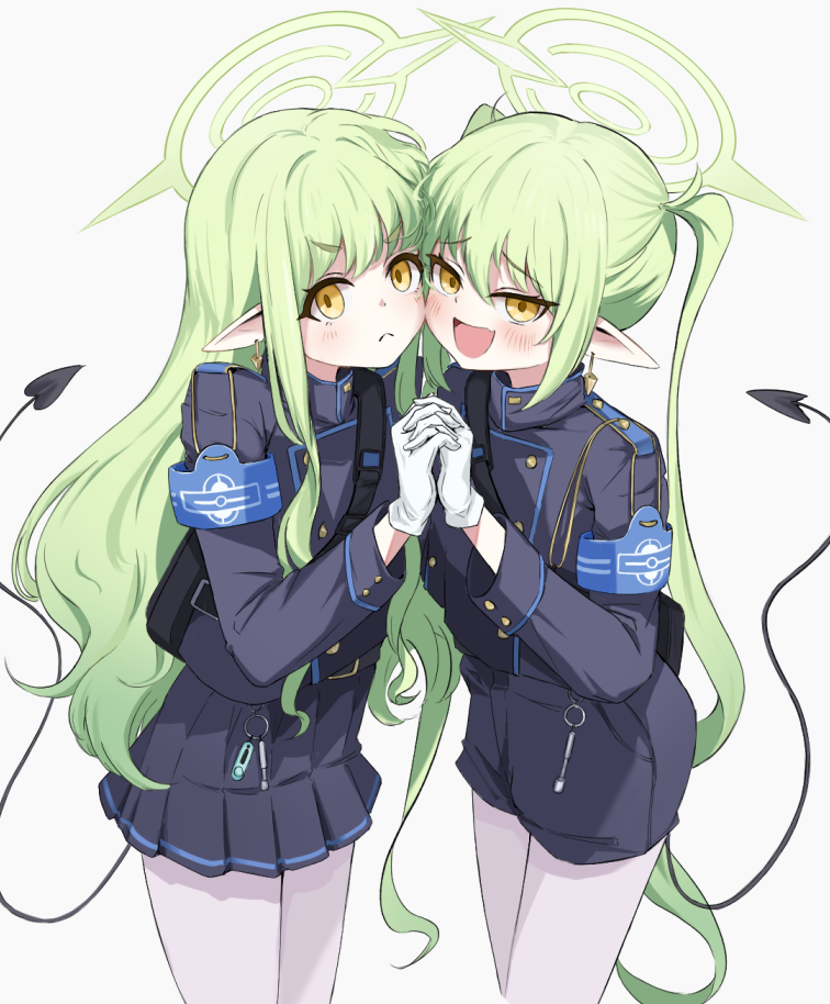 2girls 4jiri black_shirt black_shorts black_skirt black_tail blue_archive blush closed_mouth demon_tail fang gloves green_hair green_halo halo highlander_sidelocks_conductor_(blue_archive) highlander_twintails_conductor_(blue_archive) long_hair long_sleeves multiple_girls open_mouth pantyhose pleated_skirt shirt shorts sidelocks simple_background skin_fang skirt smile standing tail twintails white_background white_gloves white_pantyhose yellow_eyes