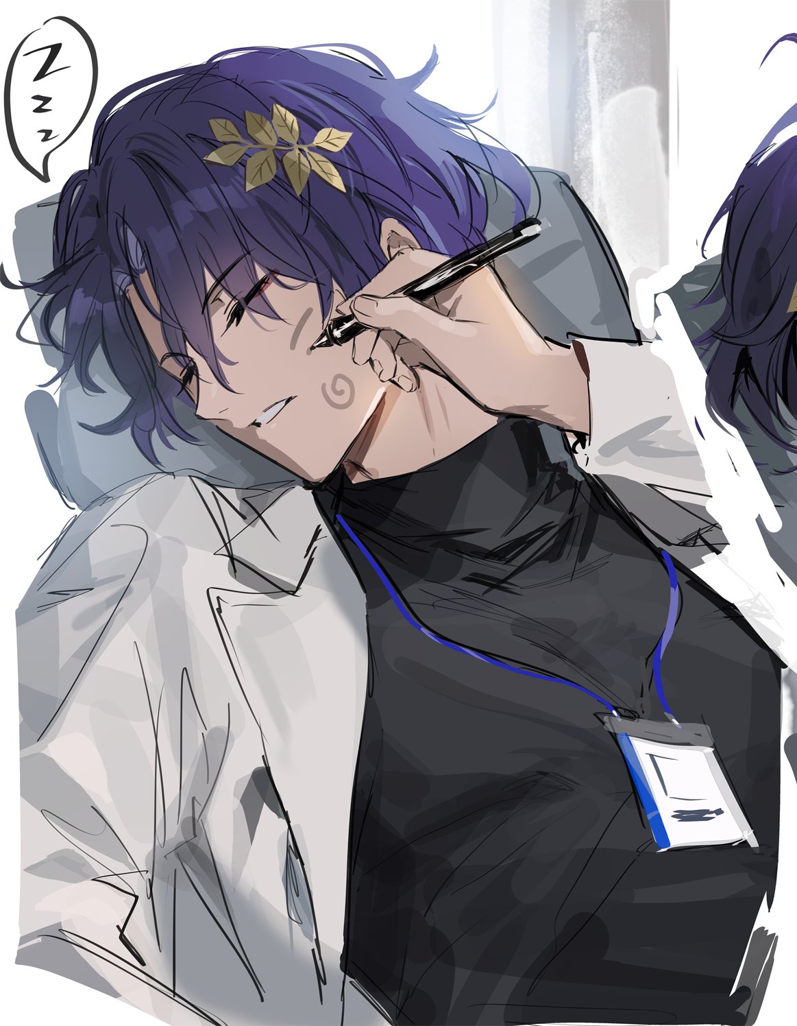 1boy 1other closed_eyes dr._ratio_(honkai:_star_rail) fractalmagnolia hair_ornament highres holding holding_marker honkai:_star_rail honkai_(series) lanyard long_sleeves male_focus marker out_of_frame parted_lips purple_hair short_hair sleeping speech_bubble teeth turtleneck upper_body zzz