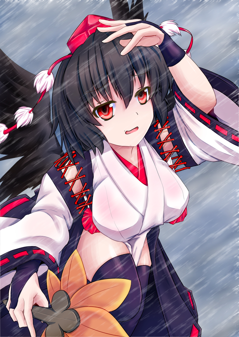 1girl bird_wings black_gloves black_hair black_thighhighs black_wings breasts detached_sleeves feathered_wings fingerless_gloves gloves hat hauchiwa japanese_clothes kimono kourindou_tengu_costume large_breasts long_sleeves parted_lips pom_pom_(clothes) rain red_eyes red_hat red_ribbon ribbon ribbon-trimmed_sleeves ribbon_trim shameimaru_aya short_hair tetsuhige thigh-highs tokin_hat touhou white_kimono white_sleeves wide_sleeves wings
