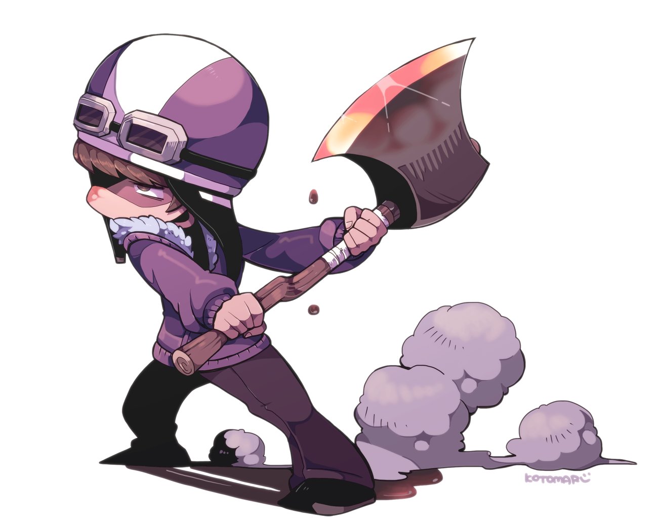 1boy axe blood blood_on_face brown_hair dust fingernails full_body goggles goggles_on_head holding holding_axe holding_weapon jacket kotorai looking_to_the_side male_focus marumaru_no_shuyaku_wa_wareware_da! purple_helmet purple_jacket shoppi short_hair signature simple_background solo standing weapon white_background
