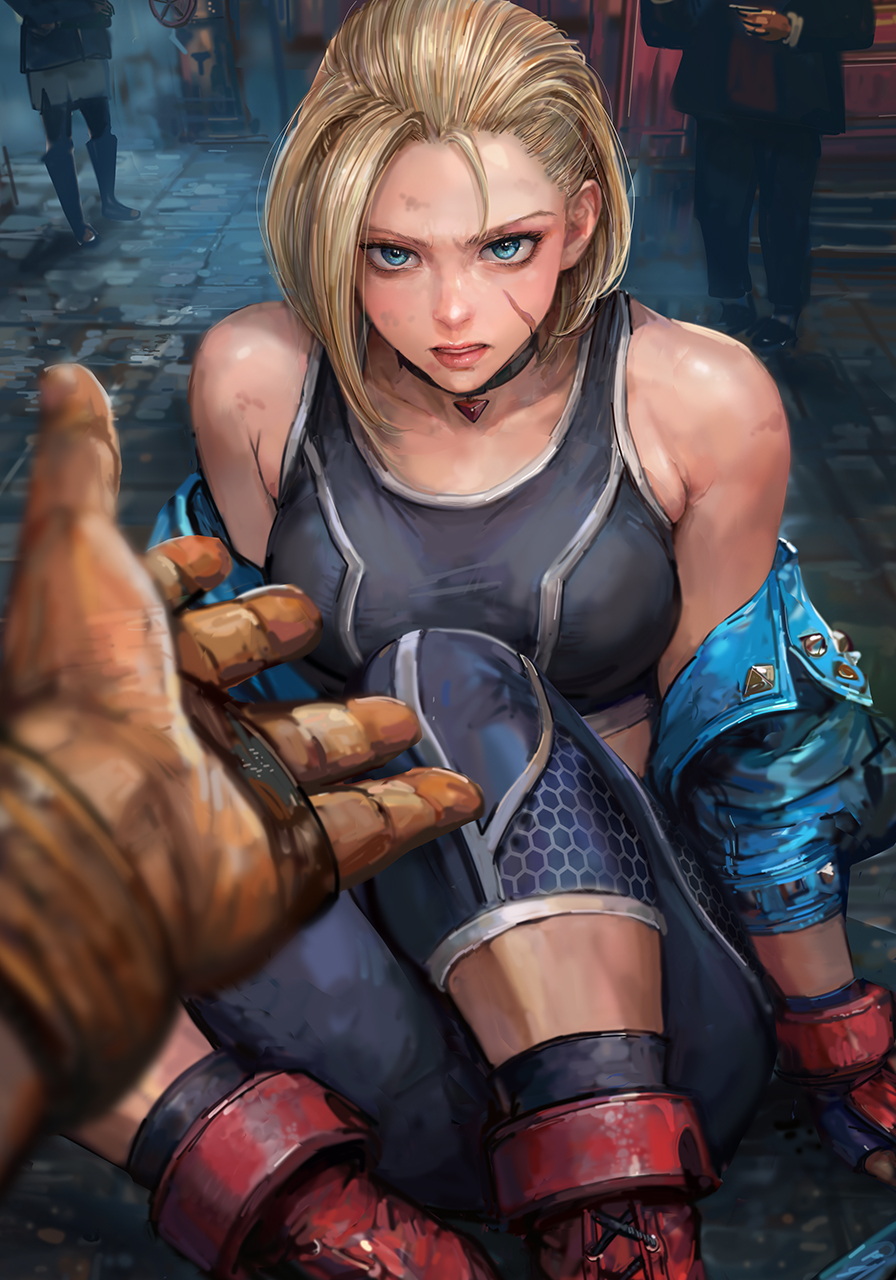 1girl bare_shoulders black_choker black_sports_bra blonde_hair blue_choker blue_eyes blue_jacket bob_cut breasts cammy_white choker commentary highres jacket looking_at_viewer medium_breasts miche off_shoulder open_clothes open_jacket pants parted_lips pov red_footwear road scar scar_on_cheek scar_on_face short_hair sports_bra street street_fighter street_fighter_6 studded_sleeves yoga_pants