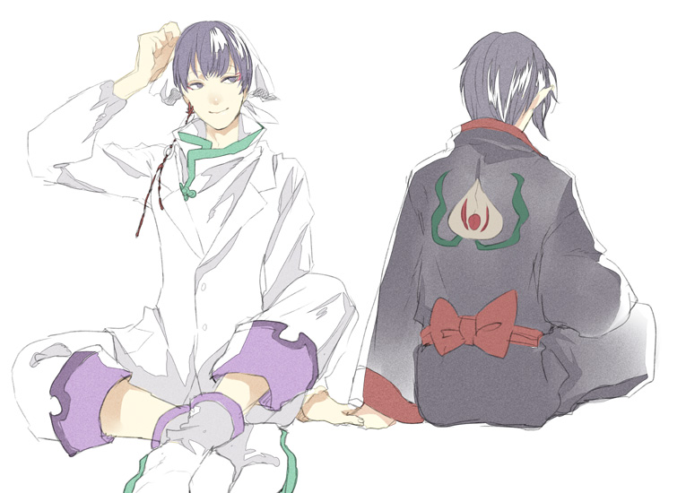 2boys back_bow black_eyes black_hair black_kimono black_sleeves boots bow buttons closed_mouth coat coattails collared_coat collared_shirt crossed_legs earrings eyeshadow fingernails from_behind full_body hakutaku_(hoozuki_no_reitetsu) hand_on_ground hand_on_hand hand_on_own_head head_scarf high_collar hoozuki_(hoozuki_no_reitetsu) hoozuki_no_reitetsu japanese_clothes jewelry kimono lab_coat long_sleeves looking_to_the_side makeup male_focus momochi_(orrizonte) multiple_boys pants pointy_ears red_bow red_eyeshadow red_sash sash shirt short_hair simple_background single_earring sitting sleeves_past_wrists smile tassel tassel_earrings waist_sash white_background white_coat white_footwear white_hat white_pants white_shirt white_sleeves