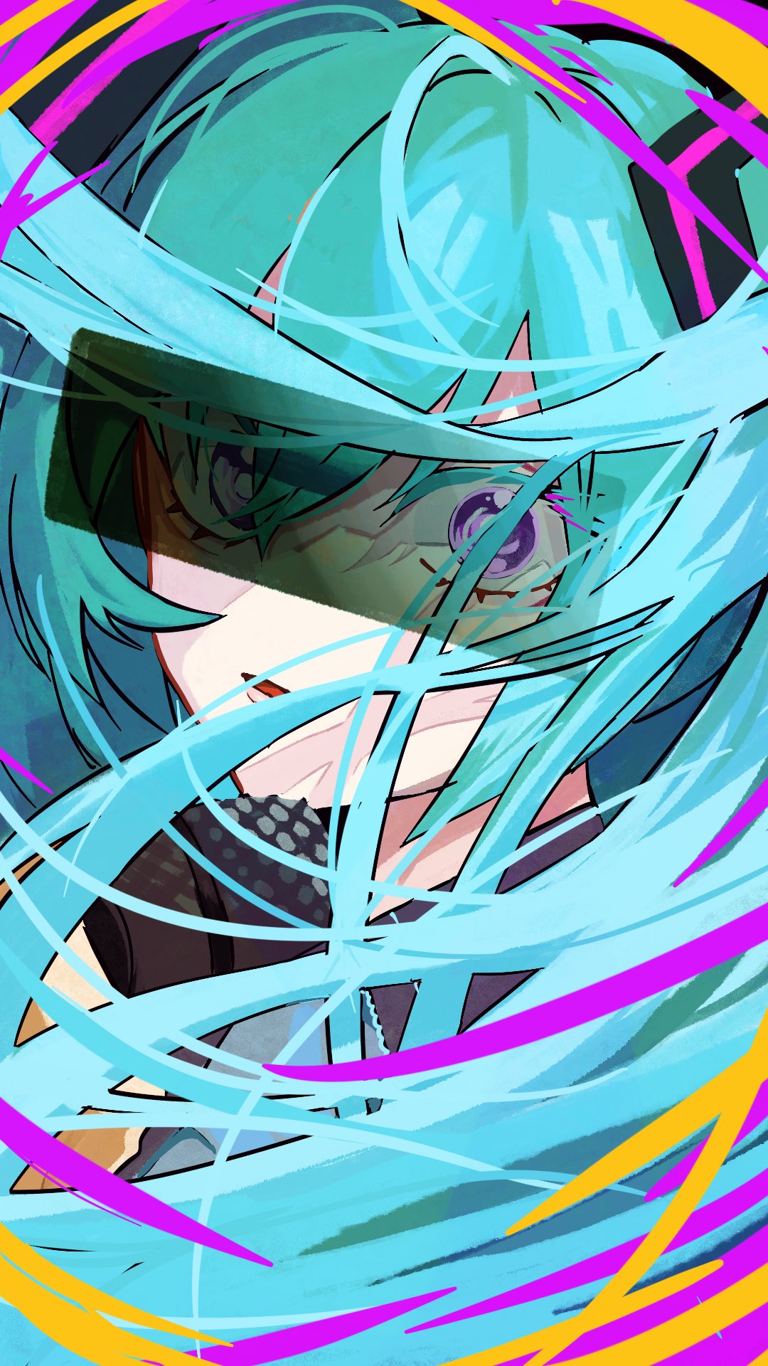 1girl alternate_eye_color bad_id bad_twitter_id bar_censor blue_background blue_hair censored floating_hair hatsune_miku highres identity_censor inactive_account long_hair looking_at_viewer looking_back onion_jounouchi open_mouth solo tokumei_m_(vocaloid) translucent twintails upper_body violet_eyes vocaloid wide-eyed