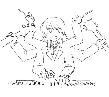 1girl bang_dream! bang_dream!_it's_mygo!!!!! chihaya_anon commentary_request drumsticks extra_arms fang greyscale guitar holding holding_drumsticks instrument keyboard_(instrument) long_hair long_sleeves lowres monochrome necktie nininikal open_mouth simple_background sketch solo white_background