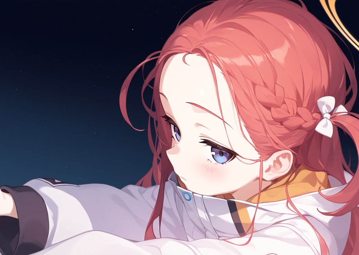 1girl blue_archive blush bow closed_mouth hair_bow halo jacket long_hair long_sleeves looking_at_viewer orange_halo redhead solo tyureu upper_body violet_eyes white_bow white_jacket yuzu_(blue_archive)