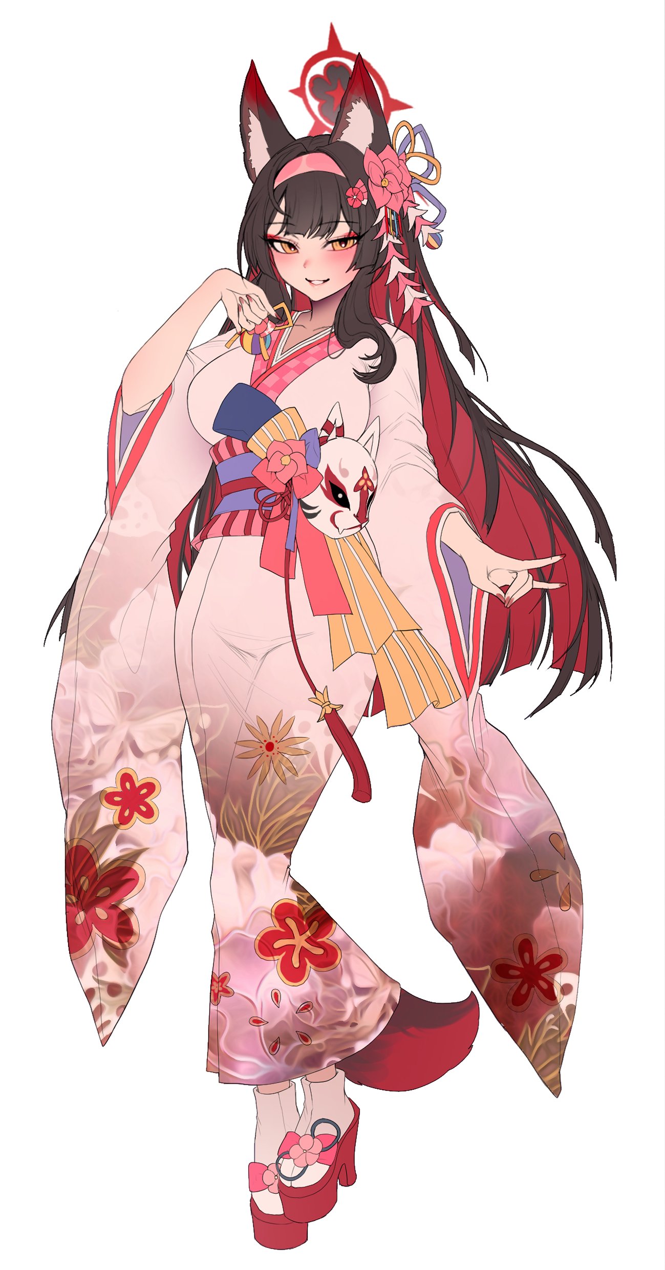 1girl absurdres animal_ear_fluff animal_ears blue_archive blush eyes_visible_through_hair fingernails floral_print floral_print_kimono flower fox_ears fox_girl fox_shadow_puppet fox_tail full_body grey_kimono grey_socks hair_flower hair_ornament hairband halo hand_up highres japanese_clothes kimono long_sleeves looking_at_viewer mask obi pink_flower pink_hairband print_kimono purple_sash red_footwear red_halo red_ribbon red_tail ribbon sash simple_background smile socks solo standing tabi tail tail_under_clothes tassel unworn_mask wakamo_(blue_archive) white_background wide_sleeves yellow_eyes zerocat