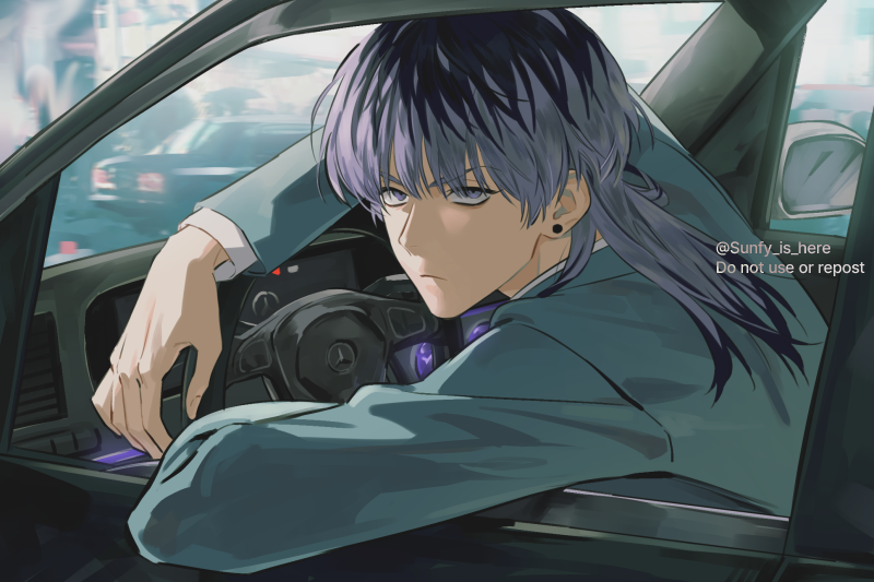 1boy arm_rest car closed_mouth collared_jacket collared_shirt driving ear_piercing expressionless haitani_rindou jacket leaning_forward light_blue_jacket looking_at_viewer male_focus motor_vehicle piercing purple_hair road shirt solo suit tokyo_revengers violet_eyes wolf_cut yoursunfy