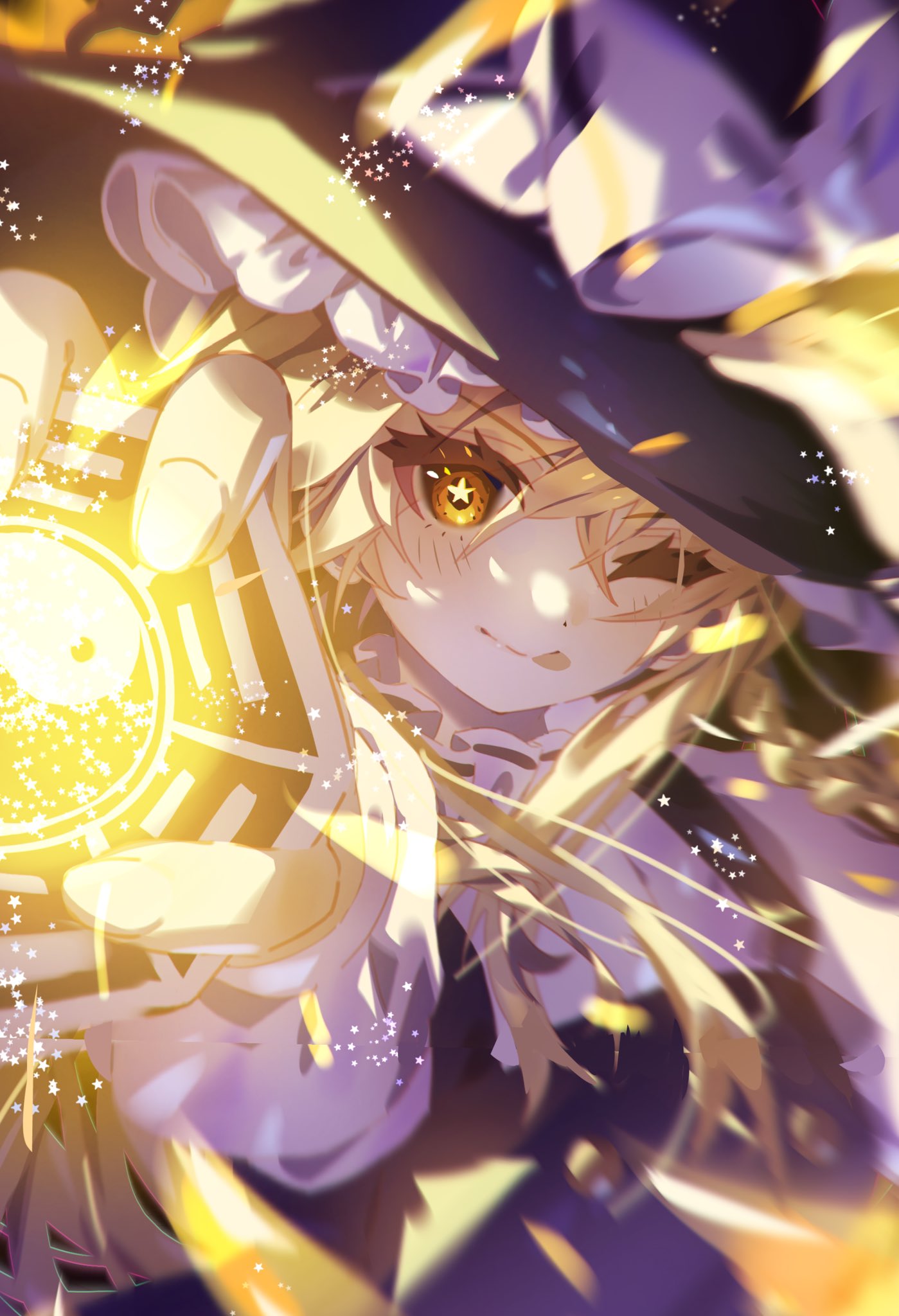 1girl ;p black_vest blonde_hair blush bow braid closed_mouth commentary_request glowing hat hat_bow highres holding holding_weapon kirisame_marisa long_hair looking_at_viewer magic marisa_day mini-hakkero one_eye_closed rakugakiman2222 side_braid single_braid solo star-shaped_pupils star_(symbol) symbol-shaped_pupils tongue tongue_out touhou vest weapon white_bow witch_hat yellow_eyes yin_yang