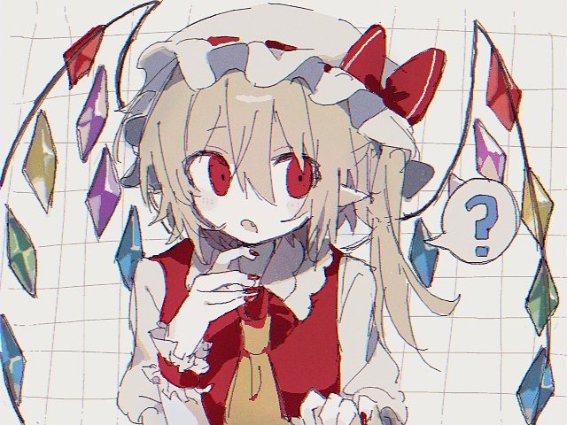 1girl ? ascot blonde_hair bow crystal fang flandre_scarlet frilled_hat frills gil_(gil_261) grid_background hair_between_eyes hat hat_bow hat_ribbon looking_to_the_side mob_cap nail_polish one_side_up open_mouth pointy_ears puffy_short_sleeves puffy_sleeves red_bow red_eyes red_nails red_ribbon red_vest ribbon shirt short_sleeves simple_background solo spoken_question_mark touhou upper_body vest white_hat white_shirt wings wrist_cuffs yellow_ascot