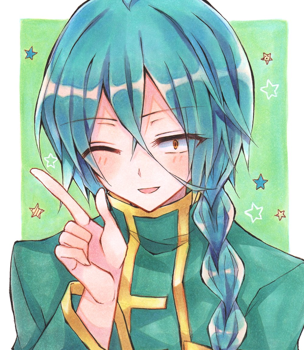 1boy aqua_hair ashe_bradley bluestar_iz blush border braid green_background green_jacket hair_between_eyes hand_up index_finger_raised jacket long_hair looking_at_viewer male_focus official_art open_mouth painting_(medium) single_braid small_pupils smile solo star_(symbol) traditional_media watercolor_(medium) white_border witch's_heart yellow_eyes yellow_trim