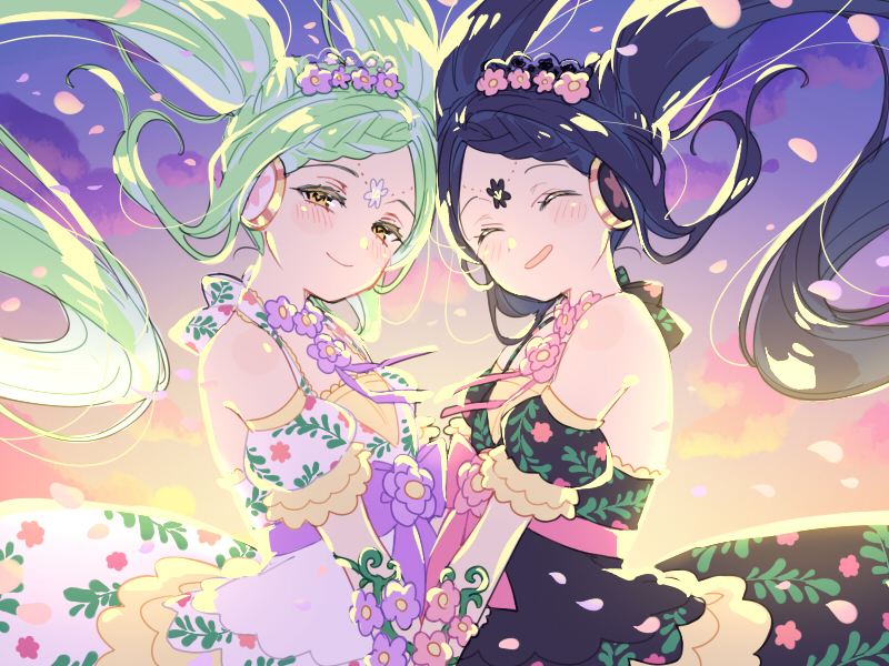 2girls backlighting bare_shoulders black_dress blue_hair braid braided_bangs closed_eyes closed_mouth clouds cowboy_shot detached_sleeves dress falala_a_larm floating_hair floral_print flower from_side garara_s_leep green_hair head_chain headphones idol_time_pripara long_hair looking_at_viewer multiple_girls n_(m_ohkamotoh) open_mouth petals pink_flower pretty_series print_dress pripara puffy_detached_sleeves puffy_sleeves purple_flower siblings sisters sky smile symbol-shaped_pupils third-party_source twins twintails very_long_hair white_dress yellow_eyes