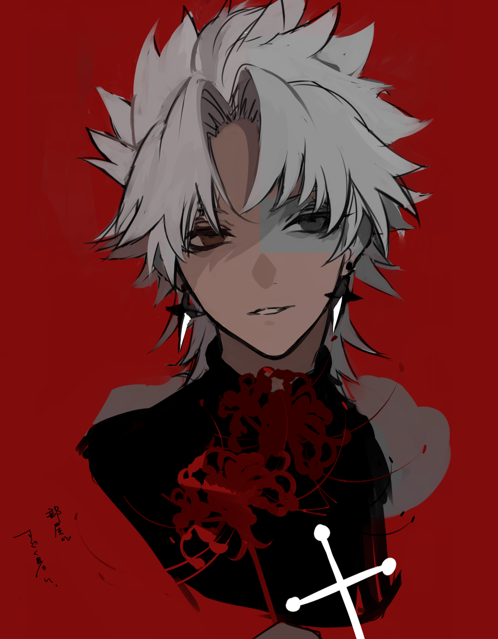 1boy 7wata_himori amakusa_shirou_(fate) brown_eyes cross dark-skinned_male dark_skin earrings fate/apocrypha fate_(series) flower highres jewelry looking_at_viewer male_focus parted_lips portrait red_background simple_background smile solo spider_lily spiky_hair white_hair