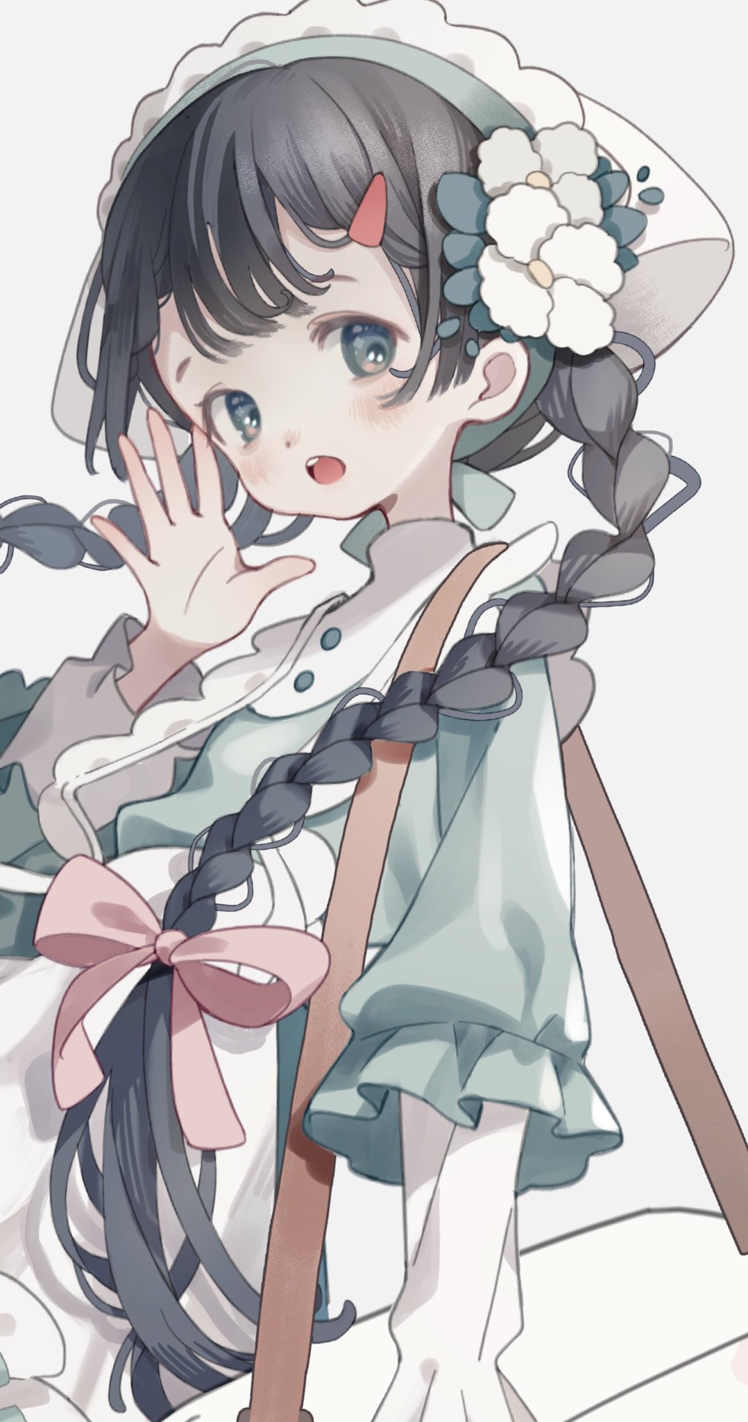 1girl apron bag black_hair blue_dress blue_eyes blue_ribbon blue_sleeves bow braid buttons collar collared_dress commentary_request cowboy_shot dress flower frilled_apron frilled_hat frilled_sleeves frills hair_bow hair_flower hair_ornament hair_ribbon hairclip hand_up hat head_scarf high_collar highres layered_sleeves light_blush long_hair looking_at_viewer open_mouth original palms pink_bow ribbon shiraho_(color-56) simple_background solo teeth tote_bag twin_braids upper_teeth_only very_long_hair waving white_apron white_background white_bag white_collar white_flower white_hat white_sleeves