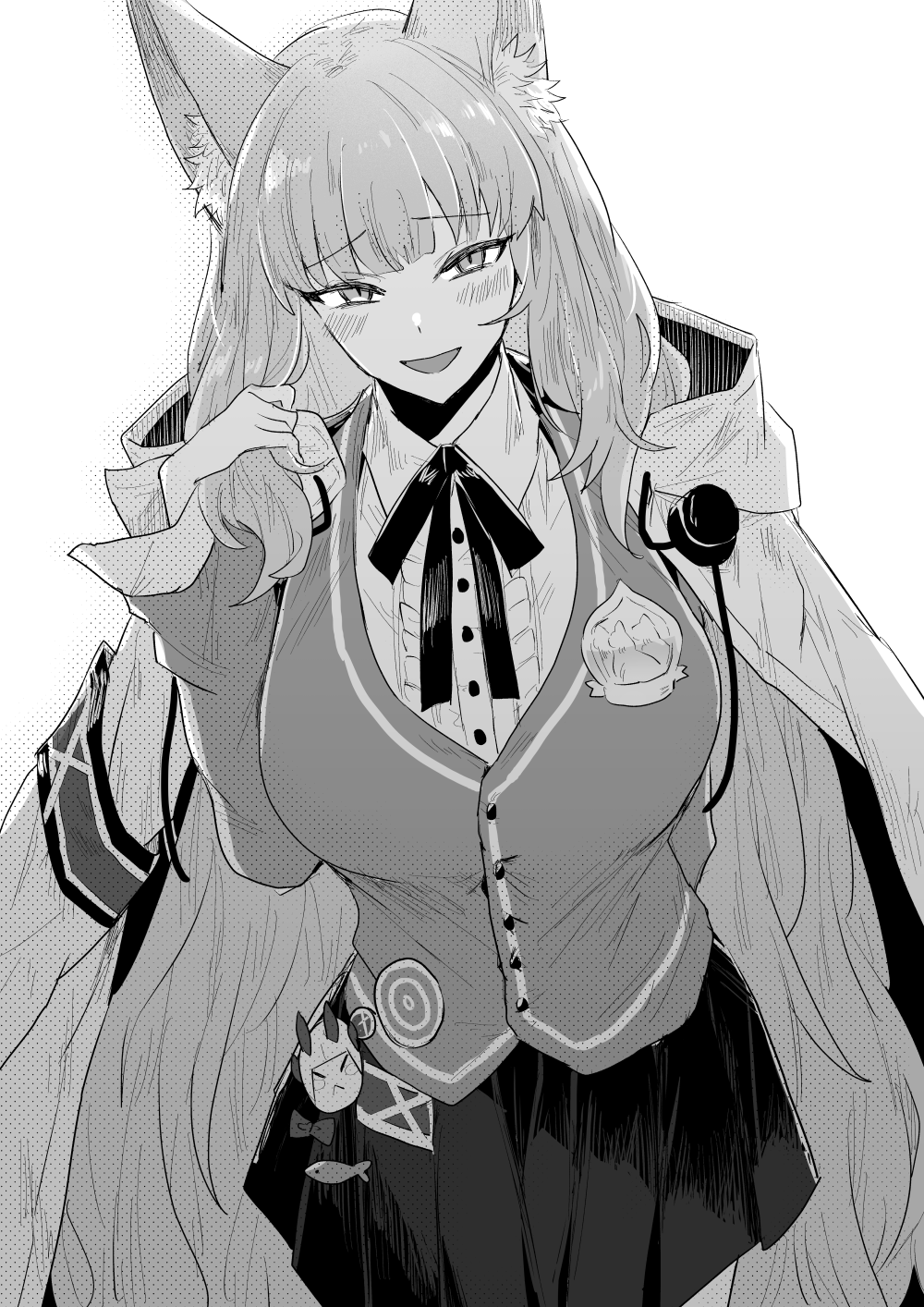 1girl :d animal_ear_fluff animal_ears arknights arm_behind_back badge blush breasts button_badge buttons cardigan cat_ears cat_girl cat_tail center_frills coat collared_shirt cowboy_shot frills greyscale hand_up harmonie_(arknights) highres holding_own_hair iwashi_80 long_hair long_sleeves looking_at_viewer monochrome neck_ribbon open_mouth pleated_skirt ribbon shirt simple_background skirt smile solo tail very_long_hair white_background
