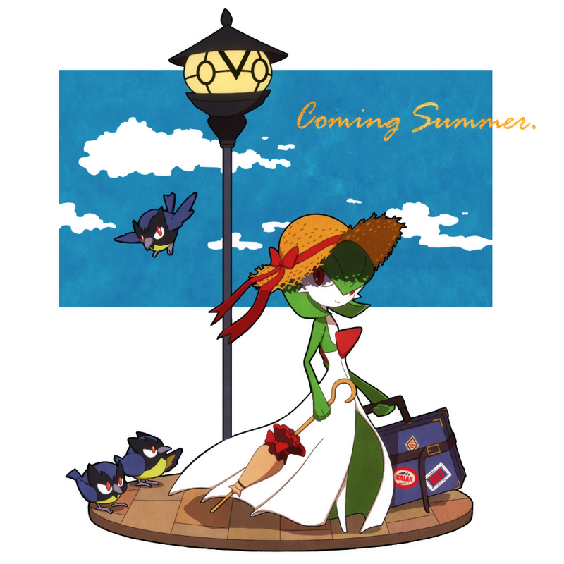asgr_pww blue_sky bob_cut bow clouds colored_skin dress from_side gardevoir green_hair hat hat_bow lamppost multicolored_skin parasol pokemon pokemon_(creature) red_bow rookidee sky suitcase sun_hat two-tone_skin umbrella white_dress white_skin