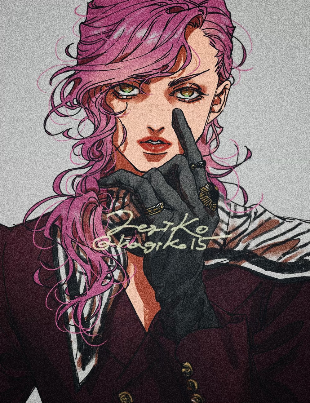 1girl aegyo_sal asymmetrical_bangs black_gloves buttoned_cuffs gloves grey_background hagiko15 hand_up highres jacket jewelry jojo_no_kimyou_na_bouken looking_at_viewer multiple_rings parted_lips pink_hair portrait red_jacket red_lips ring scarf signature solo trish_una twitter_username vento_aureo yellow_eyes