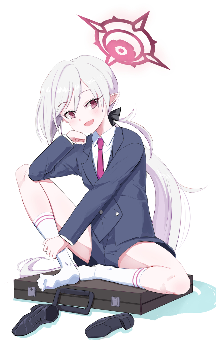 1girl awayuki_tobari blue_archive blush halo highres jacket long_hair looking_at_viewer low_ponytail mutsuki_(blue_archive) mutsuki_(suit)_(blue_archive) necktie open_mouth pointy_ears ponytail shoes shorts sitting smile socks solo suitcase unworn_footwear violet_eyes white_hair