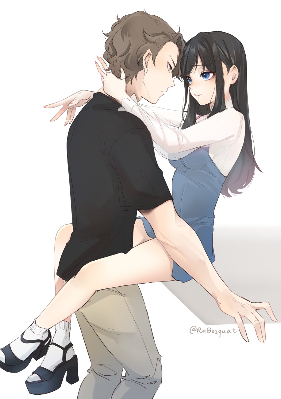 1boy 1girl black_hair black_shirt blue_dress blue_eyes blush breasts brown_hair carrot_(robosquat) commentary couple dress eye_contact hand_on_another's_neck hetero highres leg_lock light_smile long_hair looking_at_another original parted_lips platform_footwear platform_heels see-through see-through_sleeves shirt sitting small_breasts socks white_socks