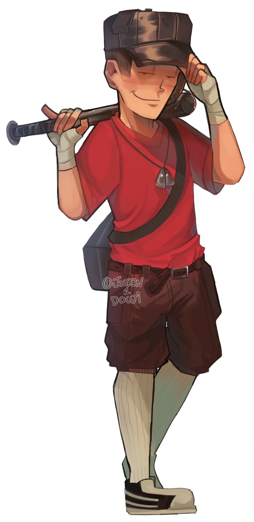 1boy artist_name baseball_bat baseball_cap belt blush closed_mouth commentary full_body hat highres holding holding_baseball_bat jouken1douji kneehighs long_sleeves looking_at_viewer male_focus portuguese_commentary red_scout_(tf2) scout_(tf2) shirt shoes signature simple_background smile sneakers socks solo t-shirt team_fortress_2 weapon white_background