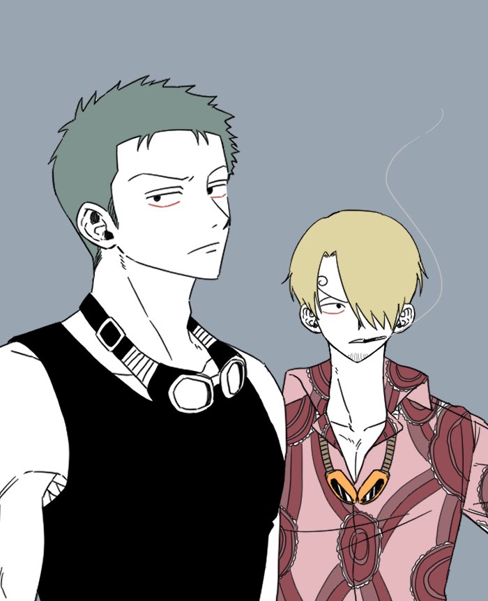 2boys black_tank_top blonde_hair cigarette collared_shirt commentary curly_eyebrows enahr_1111 facial_hair goatee goggles goggles_around_neck green_hair hair_over_one_eye korean_commentary looking_to_the_side male_focus multiple_boys one_piece pink_hair roronoa_zoro sanji_(one_piece) shirt short_hair smoke tank_top upper_body