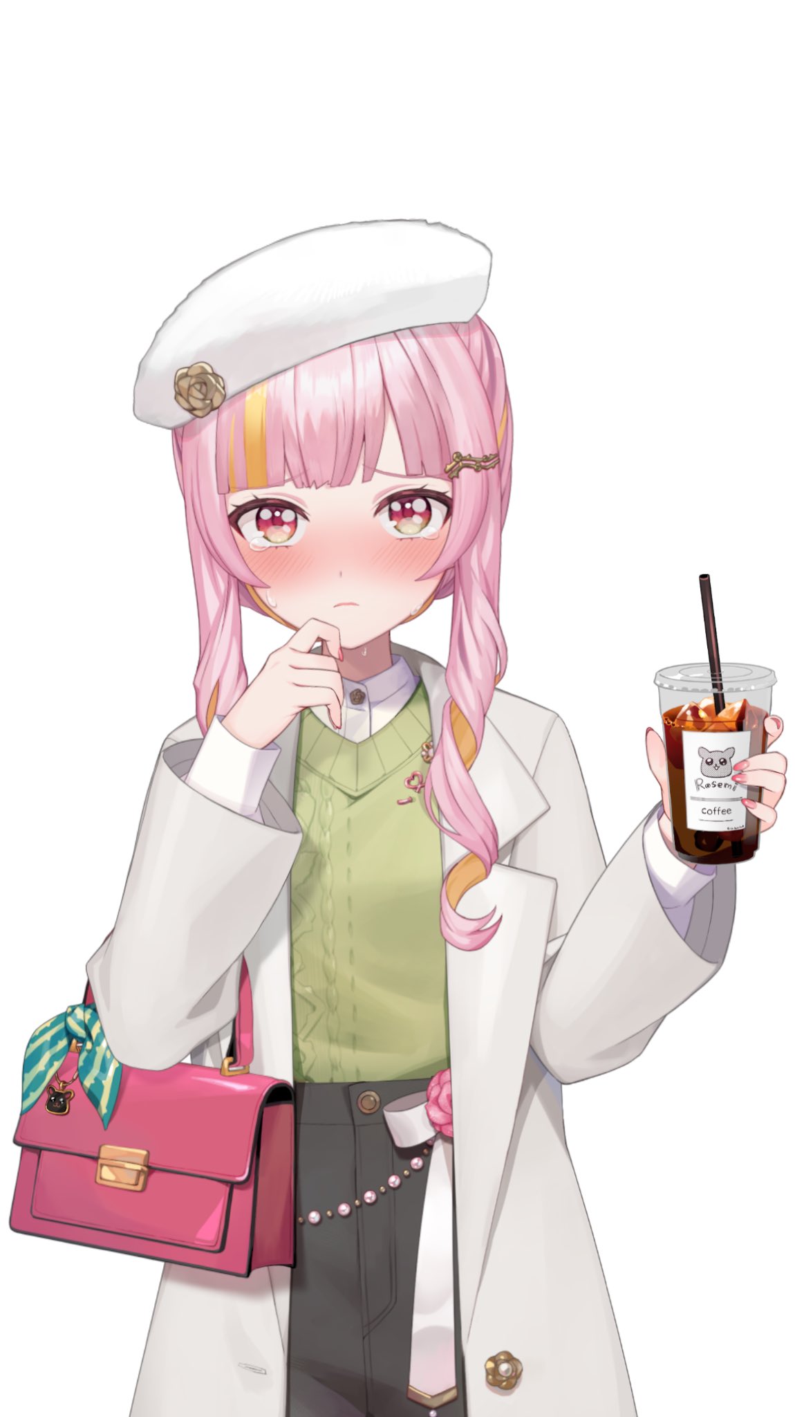 1girl abandon_ranka beret black_pants blonde_hair blue_bow bow character_name closed_mouth coat coffee collared_shirt cowboy_shot crying crying_with_eyes_open cup disposable_cup drink drinking_straw frown green_sweater_vest grey_coat hair_ornament hand_up hat highres holding holding_cup holding_drink long_sleeves looking_at_viewer multicolored_bow multicolored_hair nijisanji nijisanji_en official_alternate_costume official_alternate_hair_color official_alternate_hairstyle official_art pants pink_bag pink_eyes pink_hair rosemi_lovelock rosemi_lovelock_(3rd_costume) second-party_source shirt simple_background solo streaked_hair striped_bow sweater_vest tears virtual_youtuber white_background white_hat white_shirt yellow_bow yellow_eyes