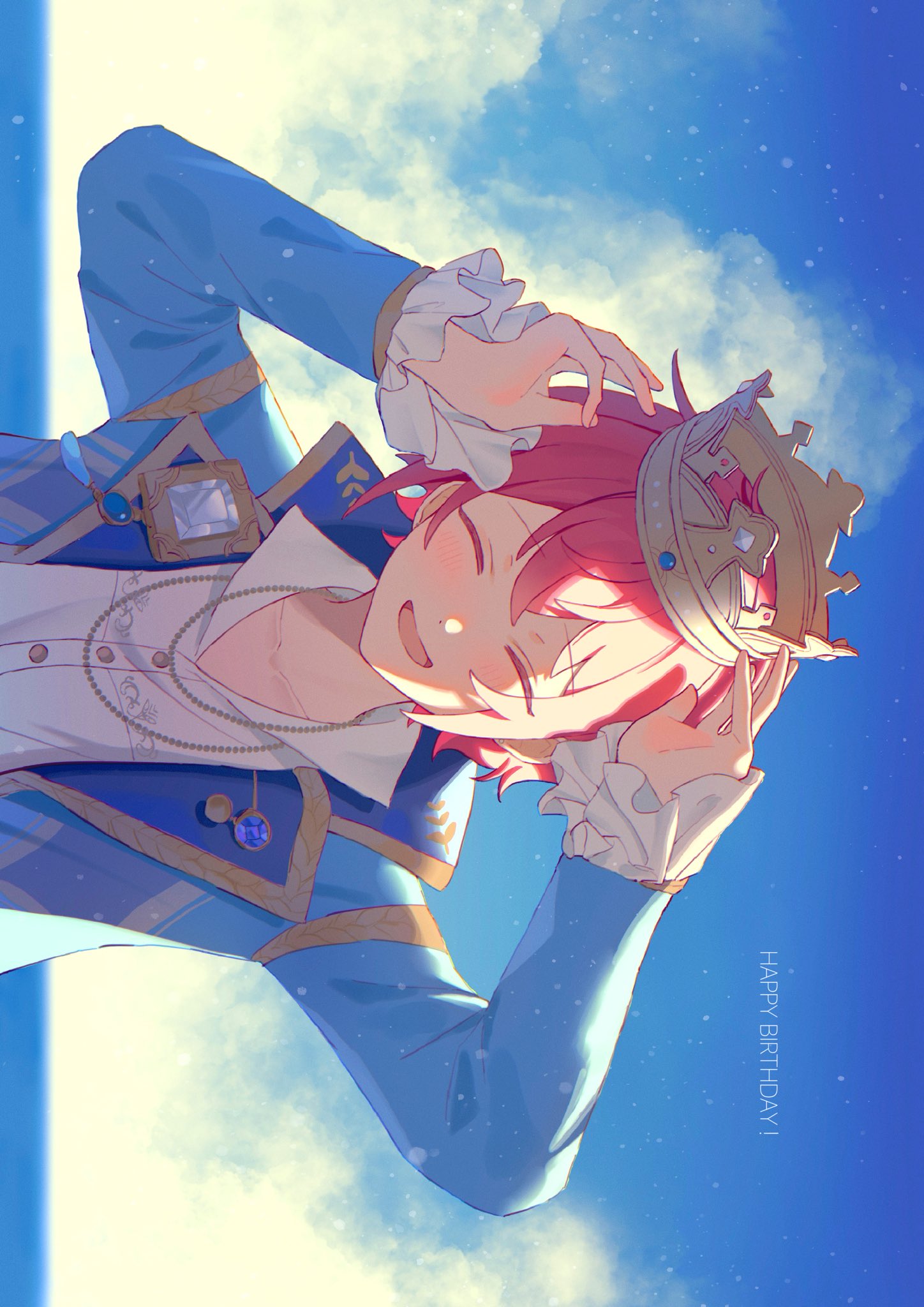 1boy arms_up closed_eyes clouds commentary crown ensemble_stars! facing_viewer happy_birthday highres jewelry kurokkan long_sleeves male_focus necklace open_mouth outdoors redhead short_hair smile solo suou_tsukasa upper_body