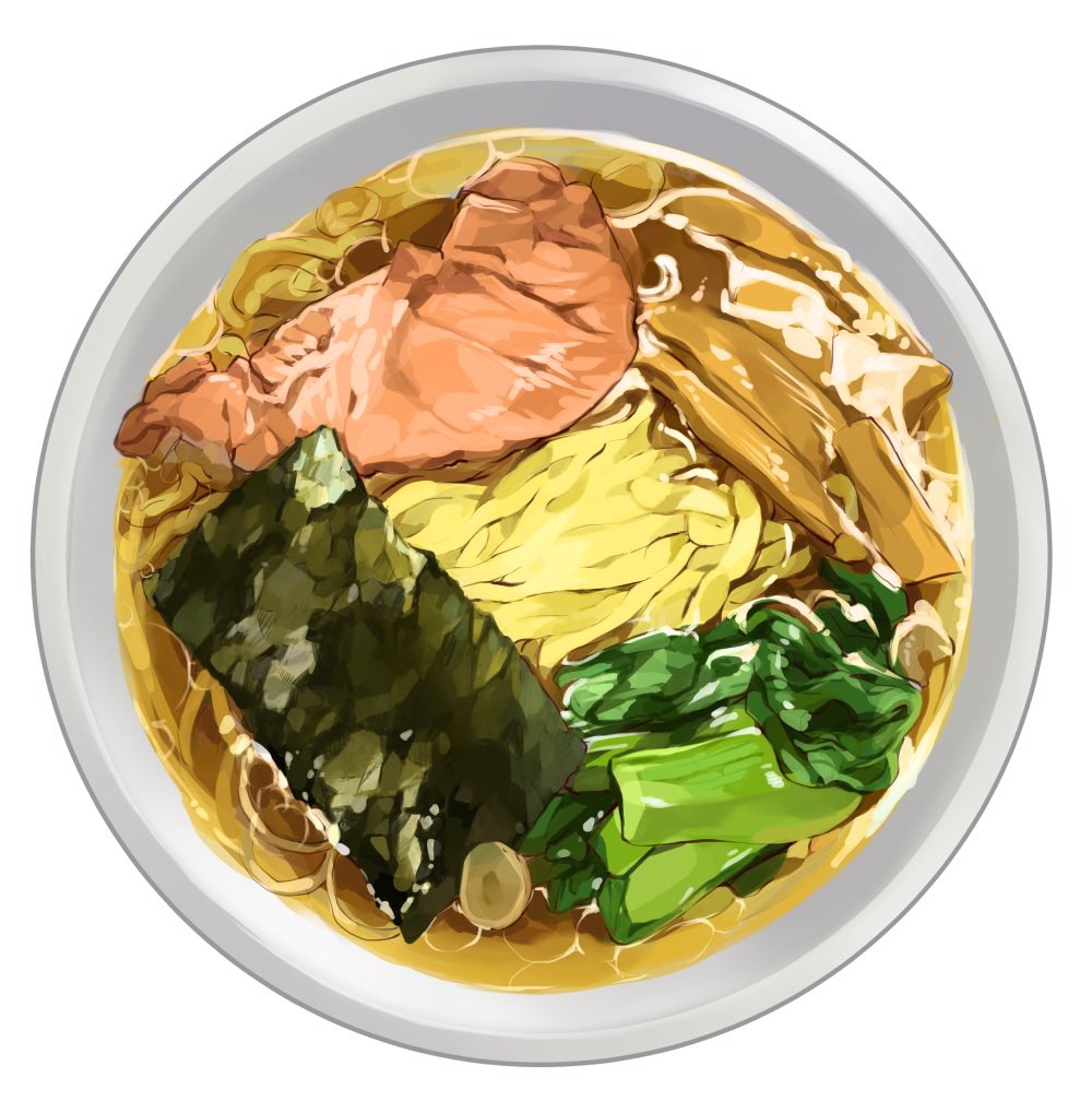 bowl danryoku_r food food_focus from_above meat no_humans noodles nori_(seaweed) original ramen realistic simple_background still_life vegetable white_background
